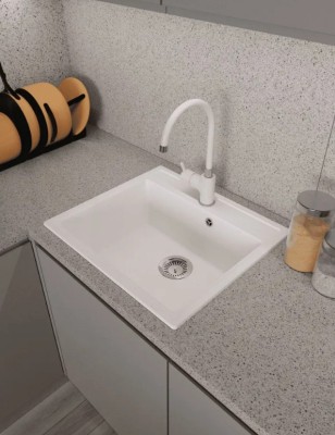 Мойка для кухни каменная 57х51 см, белая, врезная, с сифоном FS-Venezia-5751-WH