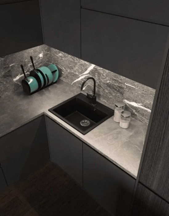 Мойка для кухни каменная 57х51 см, черная, врезная, с сифоном FS-Venezia-5751-Nero
