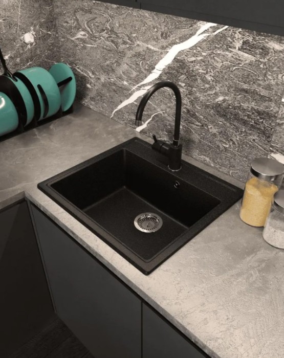 Мойка для кухни каменная 57х51 см, черная, врезная, с сифоном FS-Venezia-5751-Nero