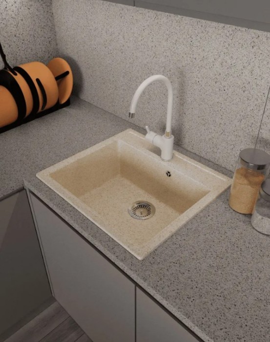 Мойка для кухни каменная 57х51 см, бежевая, врезная, с сифоном FS-Venezia-5751-Sand