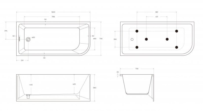 Ванна акриловая пристенная, правосторонняя, в комплекте со сливом-переливом BelBagno BB712