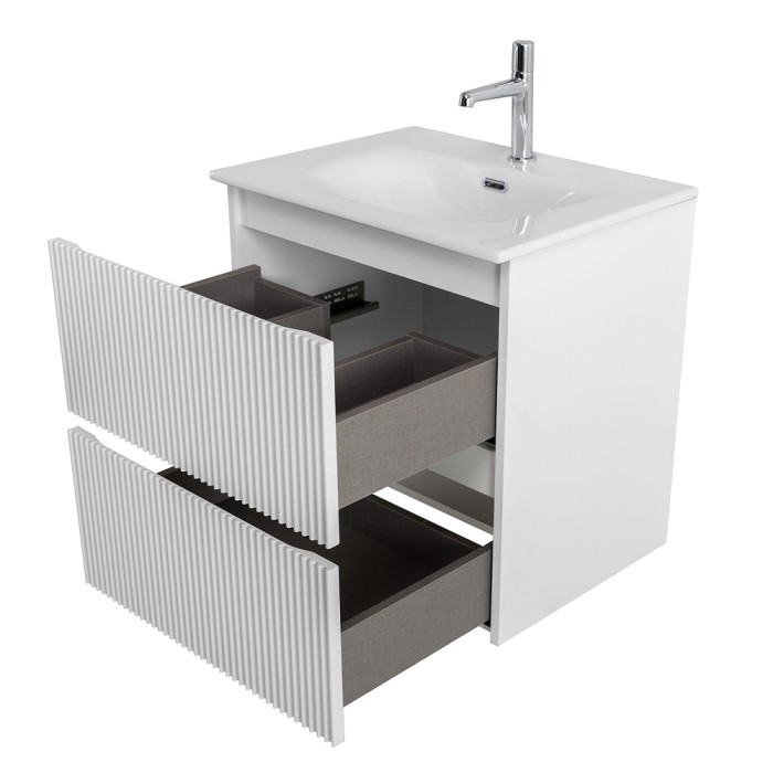 Тумба белая с раковиной, подвесная с двумя выкатными ящиками BelBagno 600x455x608