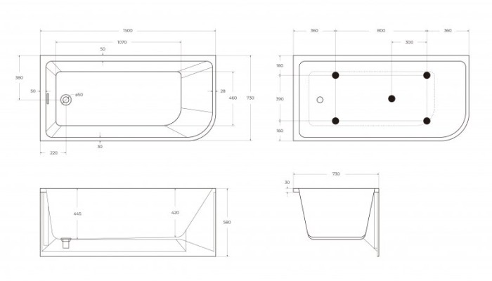 Ванна акриловая 150 см пристенная, левосторонняя в комплекте со сливом-переливом BelBagno BB712