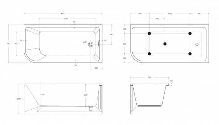 Ванна акриловая 150 см пристенная, правосторонняя в комплекте со сливом-переливом BelBagno BB712