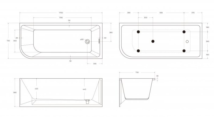 Ванна акриловая 170 см пристенная, правосторонняя в комплекте со сливом-переливом BelBagno BB712