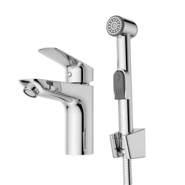 Смеситель для раковины без донного клапана с гигиеническим душем BelBagno DUE-LVM/HGN-CRM-W0