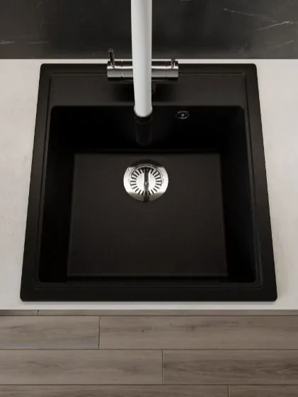 Мойка для кухни каменная 47х51 см, черная, врезная, с сифоном FS-Venezia-4751-Nero