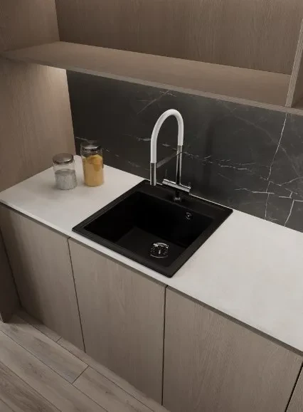 Мойка для кухни каменная 47х51 см, черная, врезная, с сифоном FS-Venezia-4751-Nero