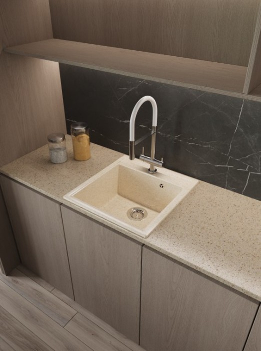 Мойка для кухни каменная 47х51 см, бежевая, врезная, с сифоном FS-Venezia-4751-Sand