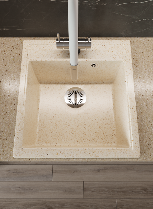 Мойка для кухни каменная 47х51 см, бежевая, врезная, с сифоном FS-Venezia-4751-Sand