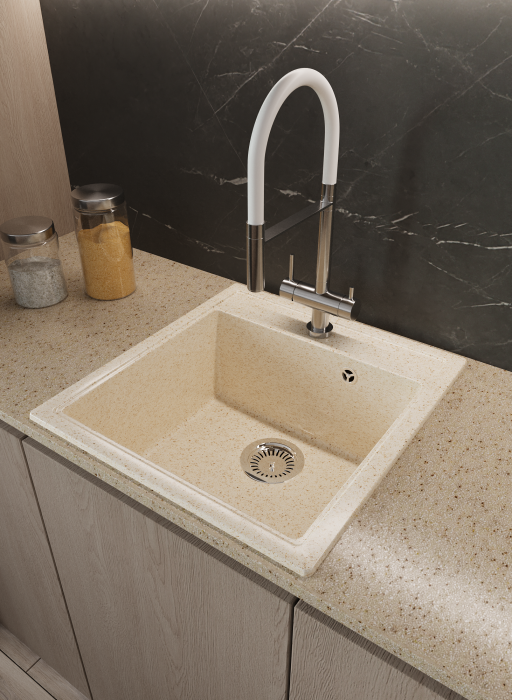 Мойка для кухни каменная 47х51 см, бежевая, врезная, с сифоном FS-Venezia-4751-Sand