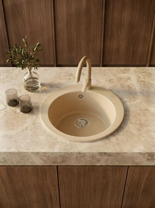 Мойка для кухни круглая каменная 51 см, песочная, врезная, с сифоном FS-Lorenzo-51-Sand