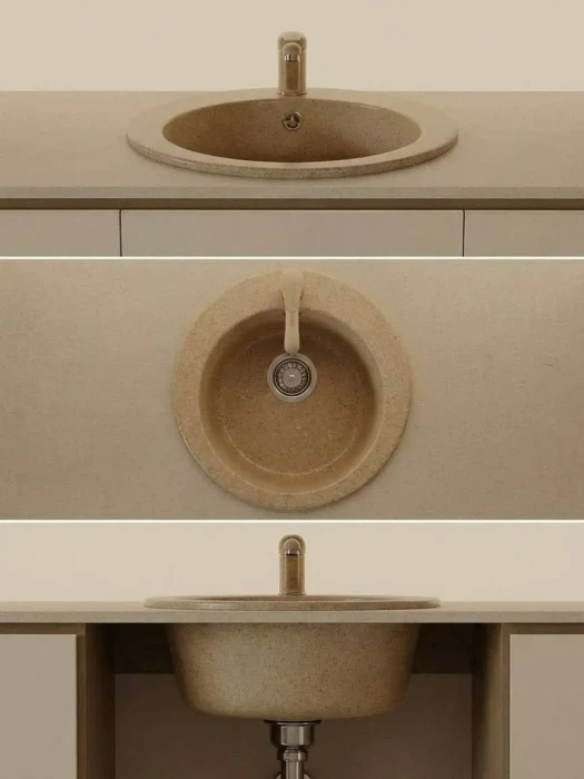 Мойка для кухни круглая каменная 51 см, песочная, врезная, с сифоном FS-Lorenzo-51-Sand