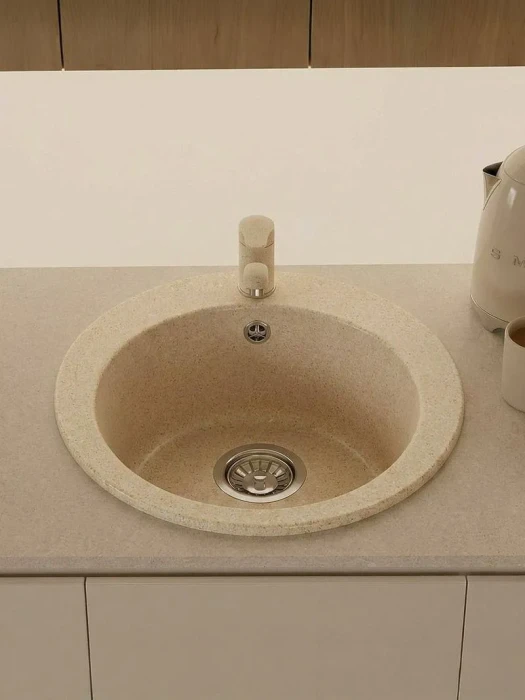 Мойка для кухни круглая каменная 51 см, песочная, врезная, с сифоном FS-Lorenzo-51-Sand