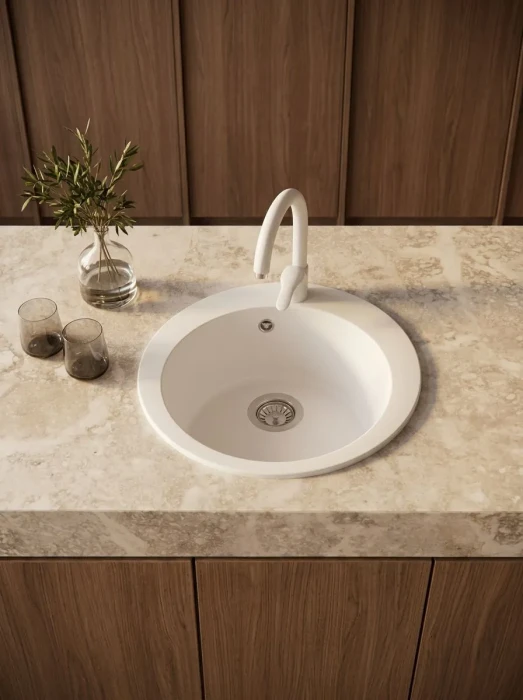 Мойка для кухни круглая каменная 51 см, белая, врезная, с сифоном FS-Lorenzo-51-WH