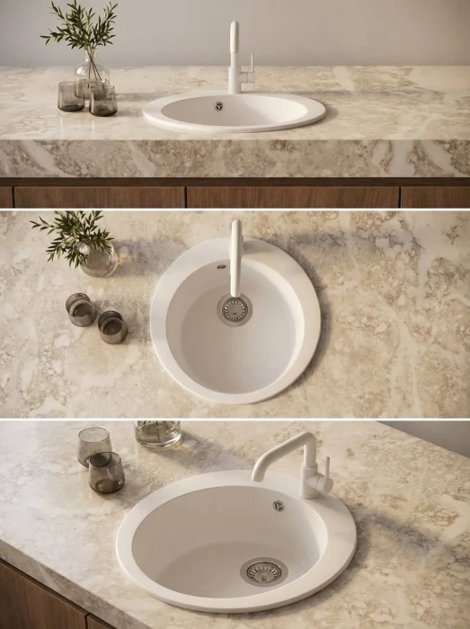 Мойка для кухни круглая каменная 51 см, белая, врезная, с сифоном FS-Lorenzo-51-WH