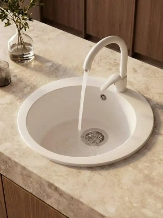 Мойка для кухни круглая каменная 51 см, белая, врезная, с сифоном FS-Lorenzo-51-WH