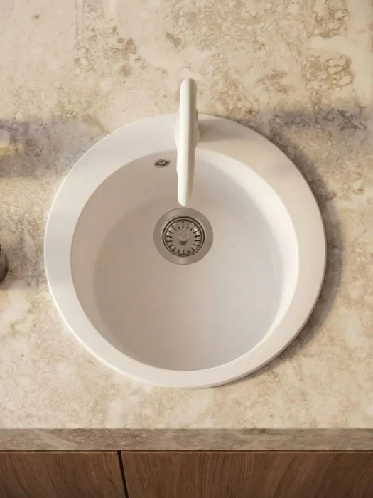 Мойка для кухни круглая каменная 51 см, белая, врезная, с сифоном FS-Lorenzo-51-WH