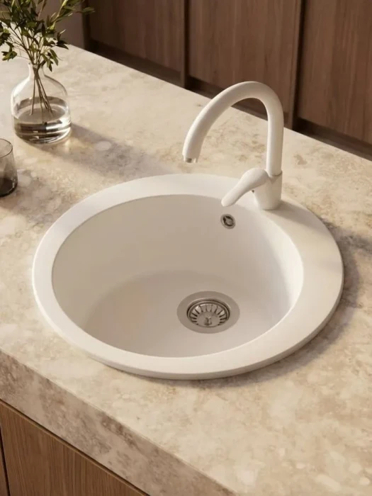 Мойка для кухни круглая каменная 51 см, белая, врезная, с сифоном FS-Lorenzo-51-WH