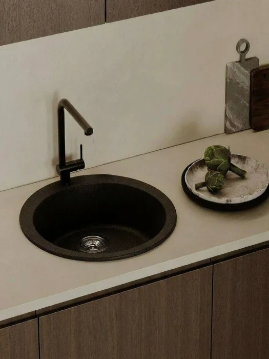 Мойка для кухни круглая каменная 51 см, черная, врезная, с сифоном FS-Lorenzo-51-Nero