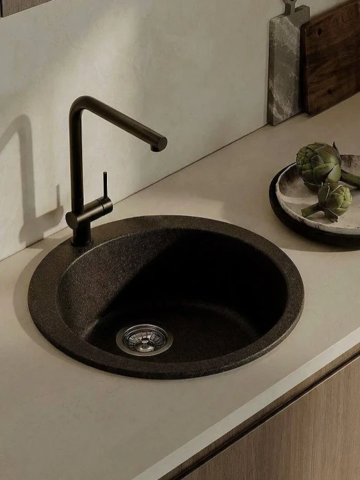 Мойка для кухни круглая каменная 51 см, черная, врезная, с сифоном FS-Lorenzo-51-Nero