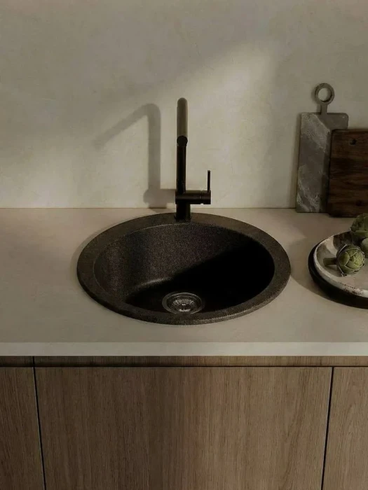 Мойка для кухни круглая каменная 51 см, черная, врезная, с сифоном FS-Lorenzo-51-Nero