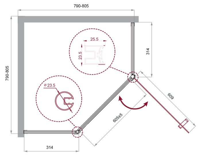 Душевой уголок BelBagno UNO-195-P-1-80-C-Cr