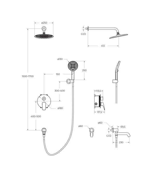 Душевой комплект встраиваемый с изливом BelBagno MARINO-VDSET-CRM
