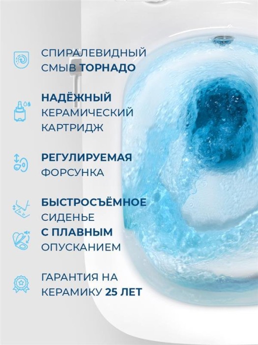 Унитаз подвесной безободковый со смывом "Торнадо", с функцией биде и смесителем, с сиденьем дюропласт soft close BB7106CH-TOR-BS/SC